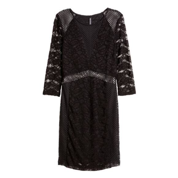 H&M Black Lace Mesh Dress 3/4 Sleeve Sheath 10 M Medium Little Black Dress LBD - Picture 2 of 11
